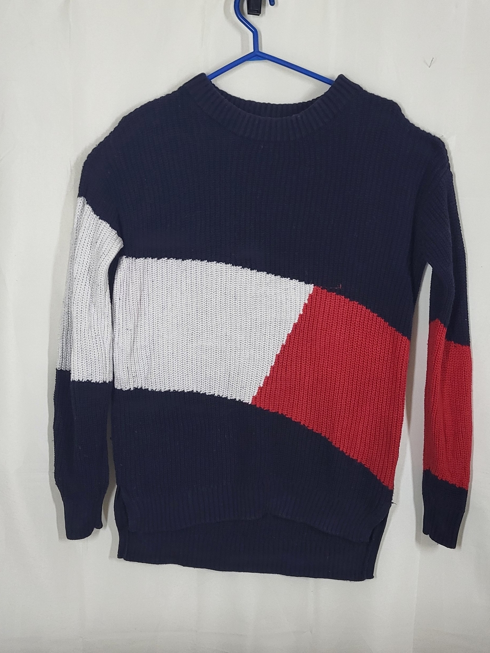 Tommy Hilfiger Navy Crewneck Sweater with White and Red Panels